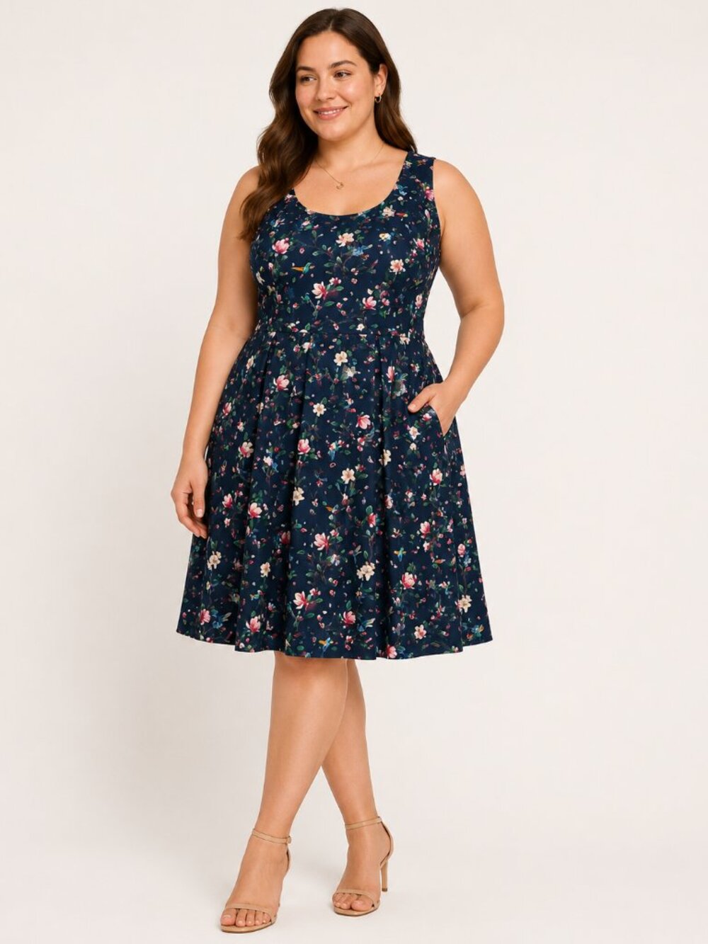 Dolly & Dotty Navy Floral Bird Print Fit & Flare Swing Dress Retro 50s Pinup